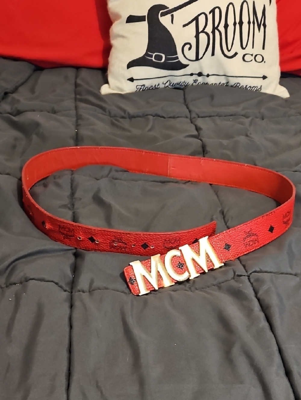 MCM Red Leather Logo Belt with Gold-Tone Buckle Made In Italy
